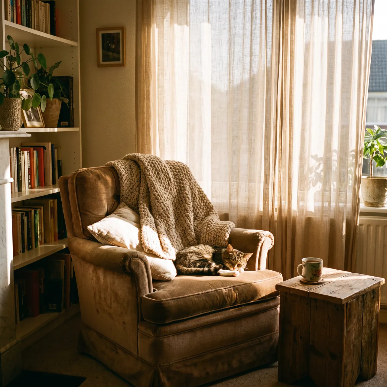 warm photo of a cozy living room corner with a soft armchair, a knitted throw blanket, and afternoon sunlight through linen curtains