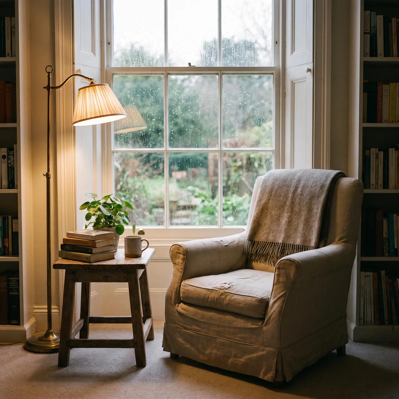 calm photo of a small reading nook by a window with a comfortable chair, a stack of books on a wooden side table, and a floor lamp