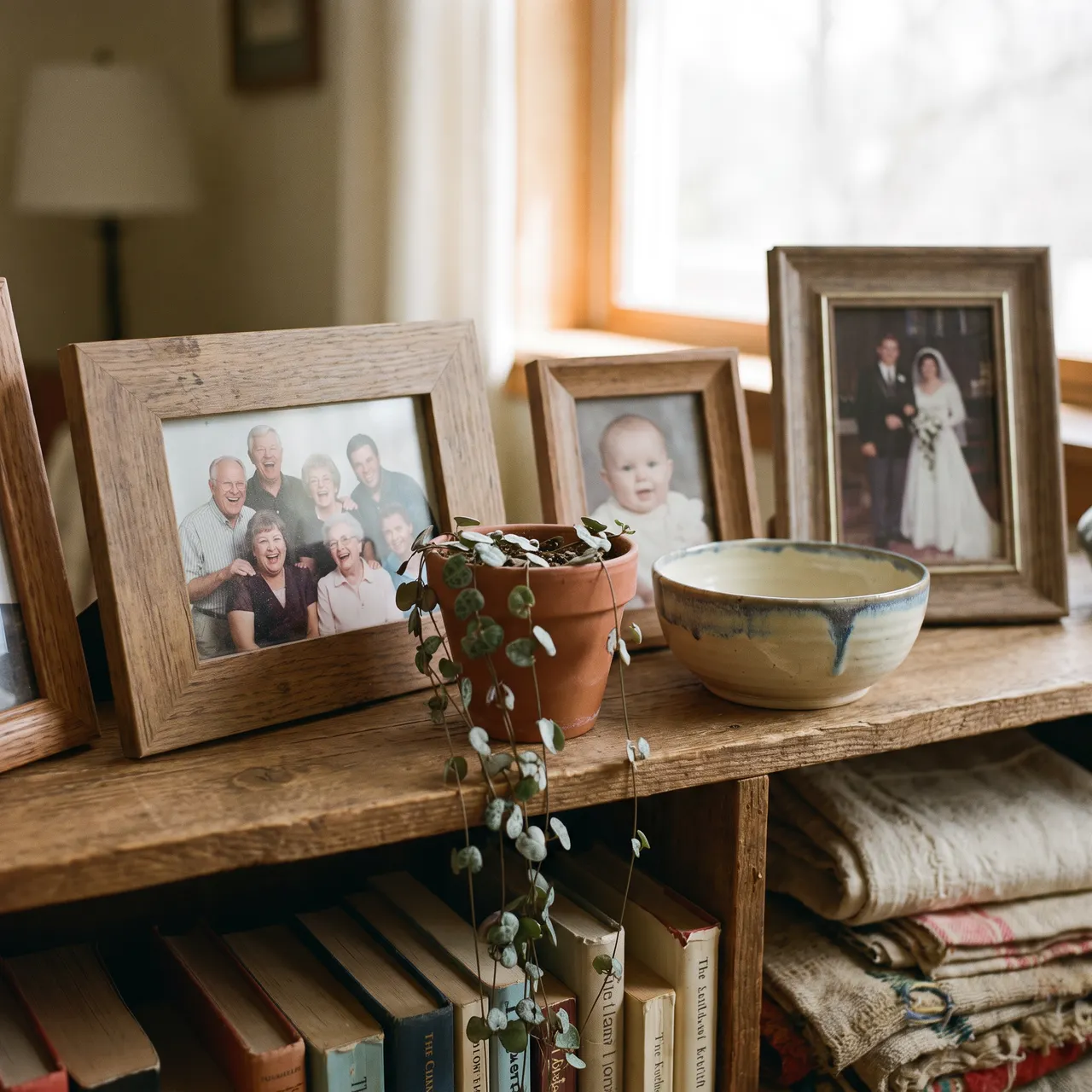 gentle photo of a wooden shelf holding framed family photos, a small potted plant, and a ceramic bowl in soft natural light